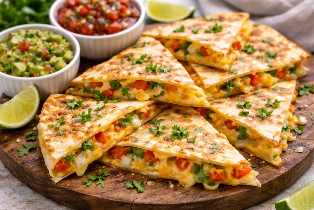 Warm & Crispy Cheese Quesadillas on wooden board.