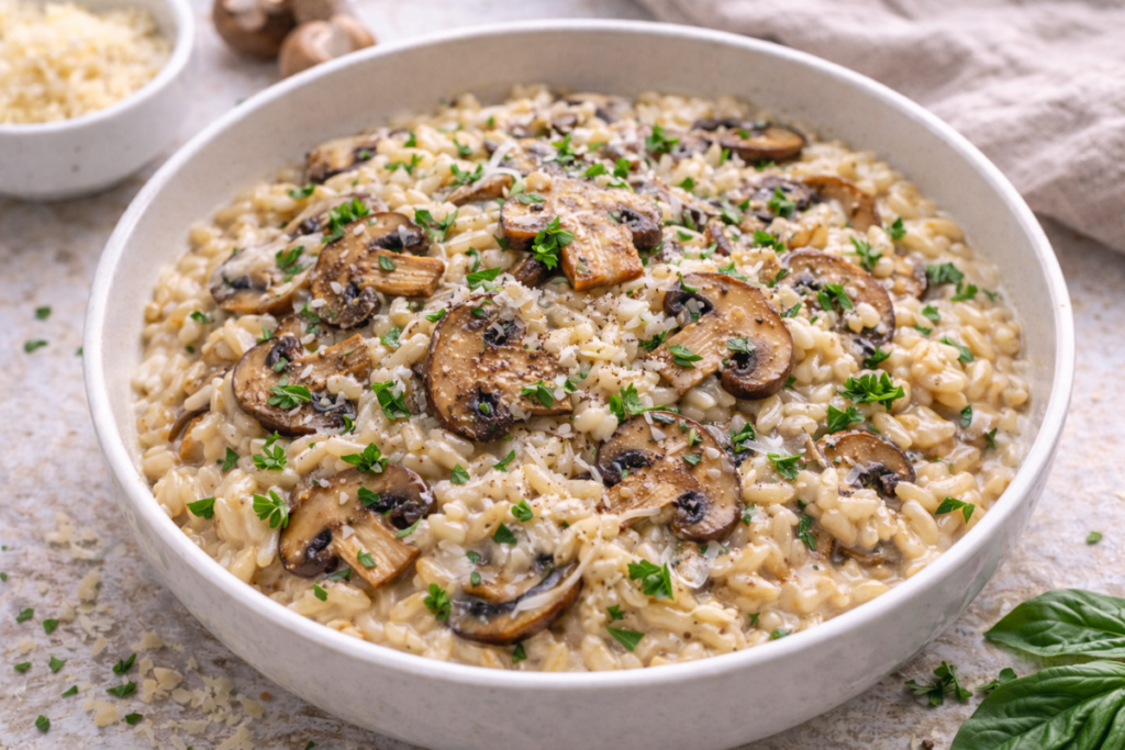 Creamy Mushroom Risotto topped with Parmesan Cheese in a Bowl.