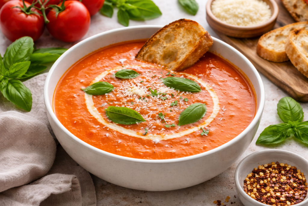 Warm Tomato Basil Soup on a bowl and a toast on the side.