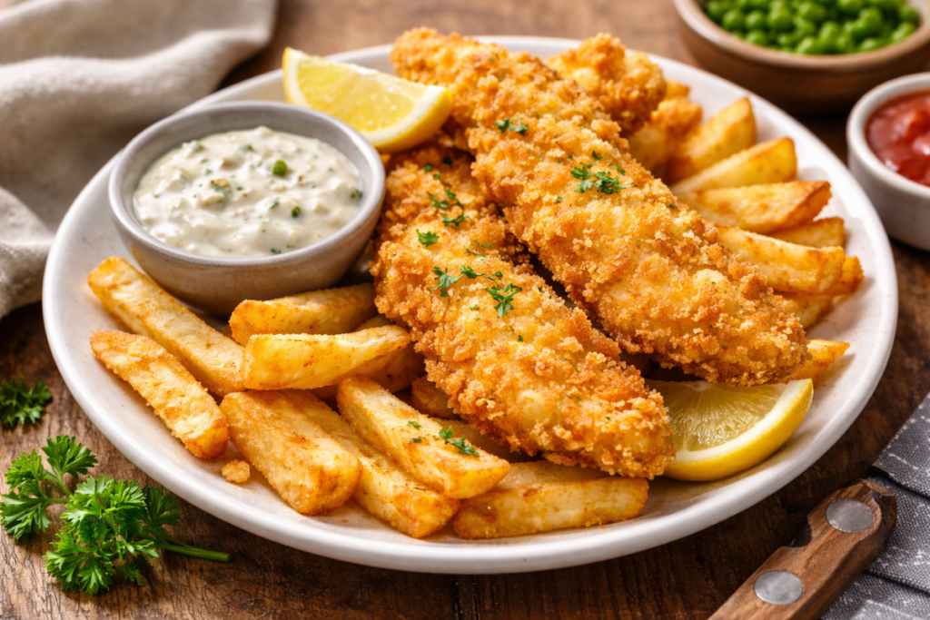 Delicious Fish & Chips on a plate with tartar sauce on the side.