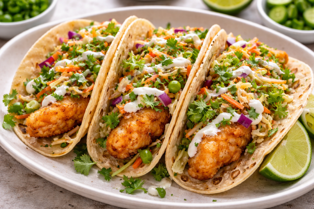 Fried Crunchy Fish in Tortillas with Slaw on top.