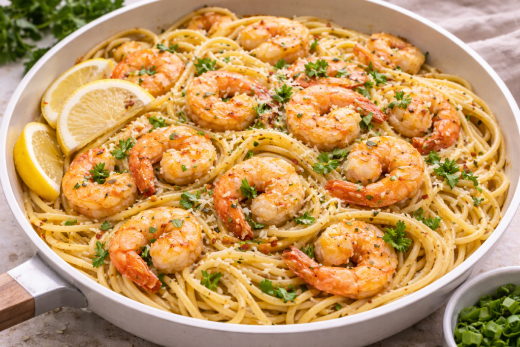 Garlic Shrimp Pasta in pan.