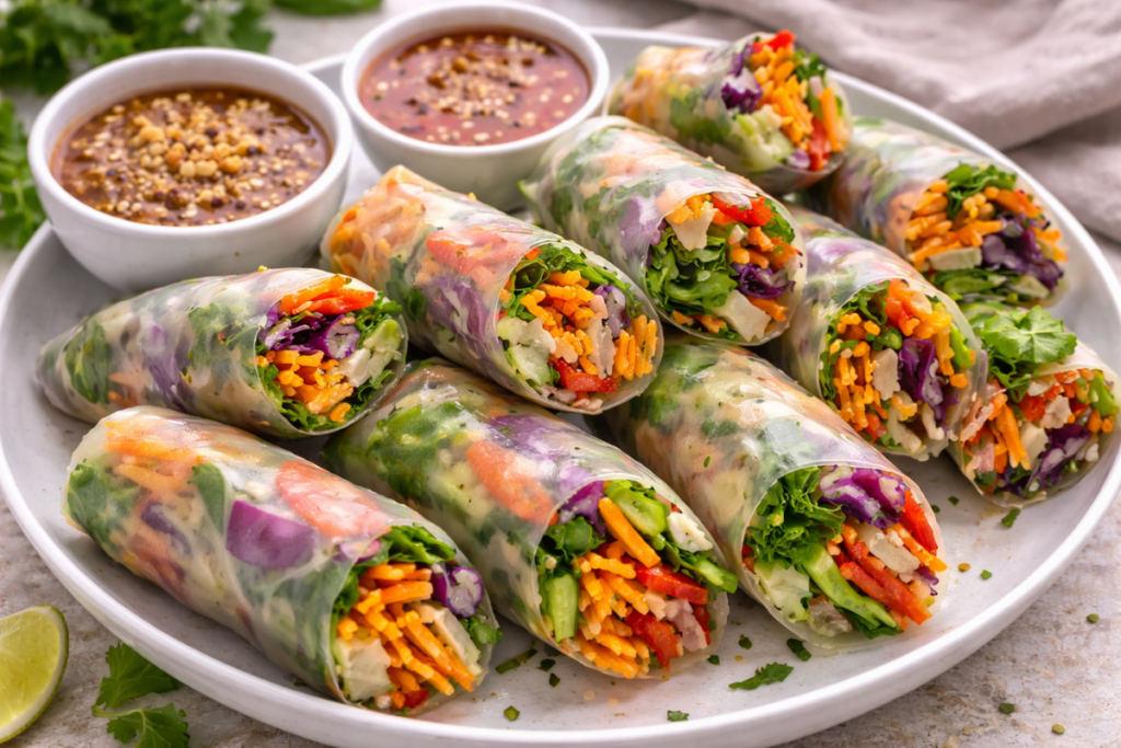 Veggies in Wrapped in Rice Paper and with dipping sauce on the side.