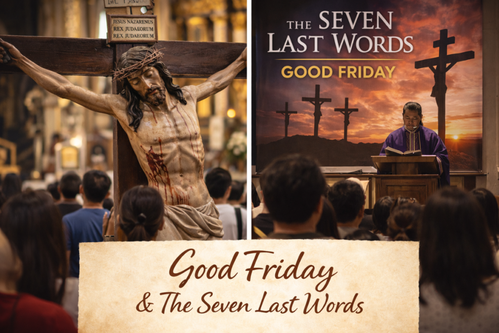 Image of Christ on the Cross and Catholic Priest holding the mass for Good Friday