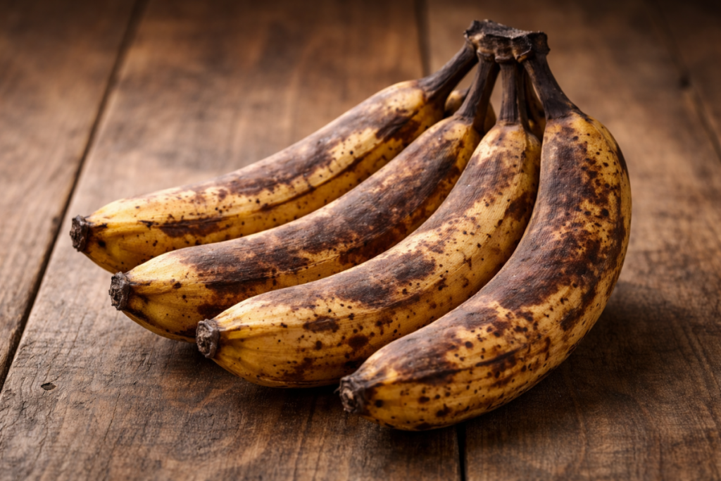 Rotten bananas on wooden table
