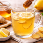 Warm honey lemon ginger tea on a clear cup