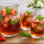 Strawberry Mint Tea on a clear pitcher with 2 glasses of tea as well
