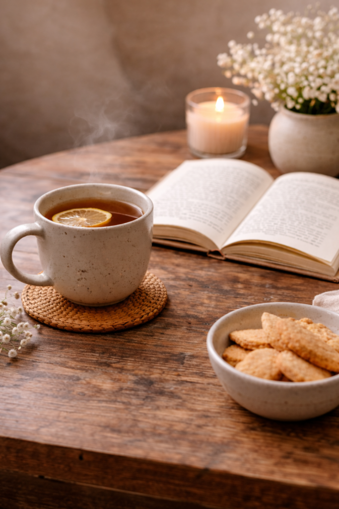 Warm Cup of Tea, Short Bread Cookies  and Journal on the table