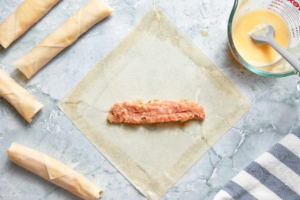 Lumpia filling on a lumpia wrapper