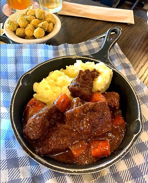 Aunt Nancy's order - Beef Stew and fried Okra.