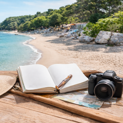 Taking pictures and writing Journal by the beach